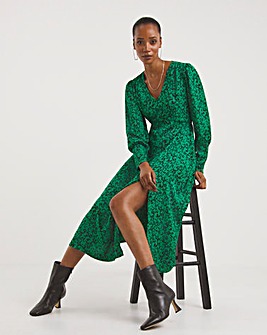 Green Print V-Neck Deep Cuff Split Midi Dress