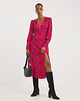 Pink Print V-Neck Deep Cuff Split Midi Dress