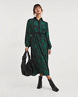 Green Print Side Stripe Midi Shirt Dress