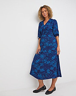 Blue Print Tie Front Shirred Detail Midi Dress