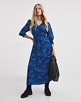 Blue Print Tie Front Shirred Detail Midi Dress