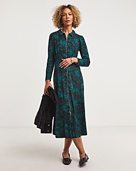 Printed Soft Touch Jersey Zip Front Midi Dress