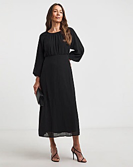 Black Textured Puff Sleeve Tie Back Smock Dress