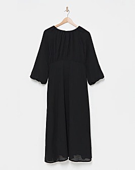 Black Textured Puff Sleeve Tie Back Smock Dress