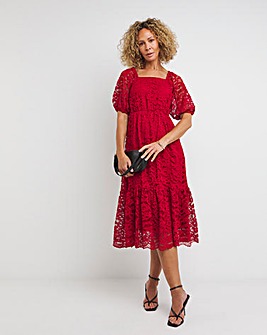 Red Square Neck Puff Sleeve Lace Dress