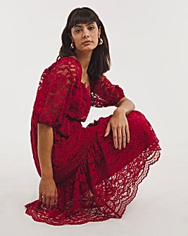 Red Square Neck Puff Sleeve Lace Dress