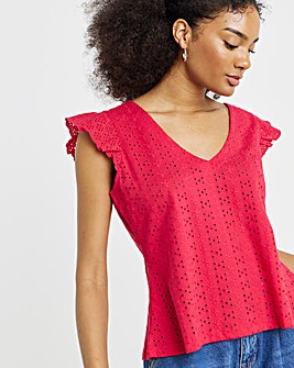 Red V Neck Ruffle Sleeve Stretch Broderie Top