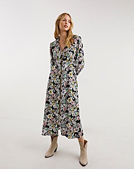 Floral Front Shirt Dress With Open Neck