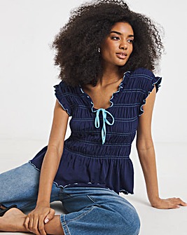 Navy Shirred Peplum V Neck Top