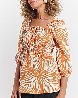 Orange Print Square Neck Linen Top