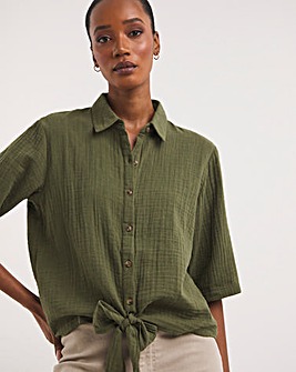 Khaki Cheesecloth Tie Front Shirt