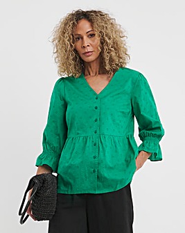 Green Cotton Dobby Puff Sleeve Top