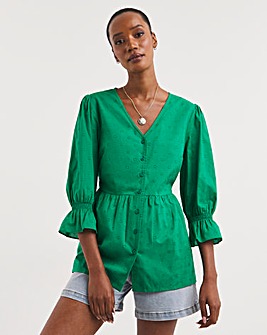 Green Cotton Dobby Puff Sleeve Top