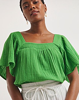 Green Square Neck Cheesecloth Top