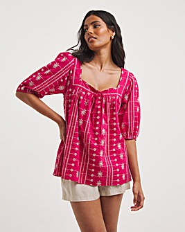 Pink Contrast Broderie Square Neck Top