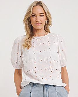 White Puff Sleeve Broderie Top