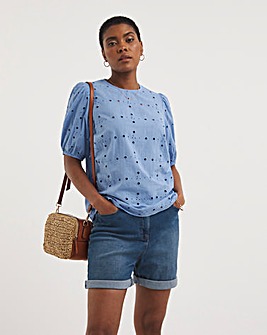 Blue Puff Sleeve Broderie Top