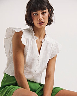 White Cheesecloth Frill Sleeve Top