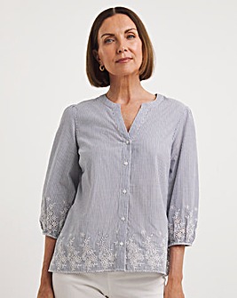 Blue Stripe Embroidered Hem Stripe Blouse