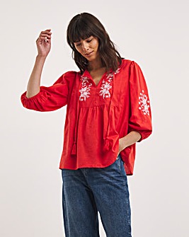 Pink Embroidered Yoke Tie Neck Top