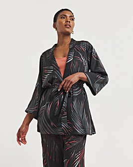 Black Print Satin Kimono With Tie Belt