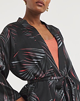 Black Print Satin Kimono With Tie Belt