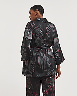 Black Print Satin Kimono With Tie Belt