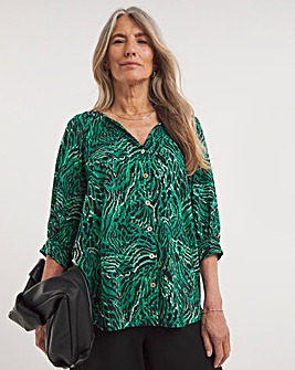 Green Print Collarless Viscose Blouse