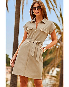 Sosandar Textured Zip Front belted Dress