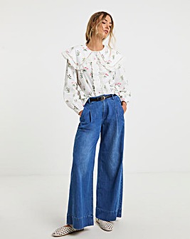 Neon Rose Printed Floral Cotton Poplin Blouse with Broderie Frills
