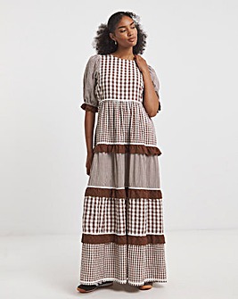 Neon Rose Gingham Midaxi Dress with Contrast Scales, trims, tie back detail