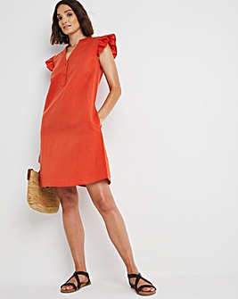 Terracotta Ruffle Trim Sleeveless Linen Swing Dress