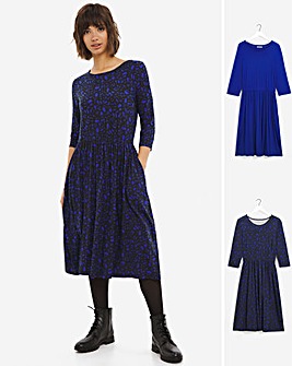 Blue Print 2 Pack 3/4 Sleeve Midi Smock Dresses