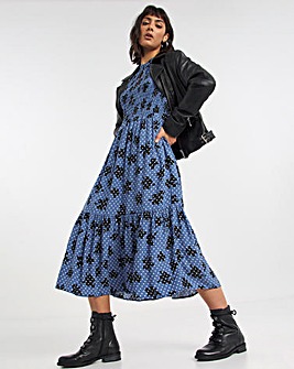 Blue Print Shirred Bodice Balloon Sleeve Midi Dress