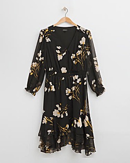 Black Floral Wrap Hi-Lo Midi Dress