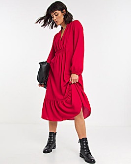 Red Gathered Waist Midi Dress