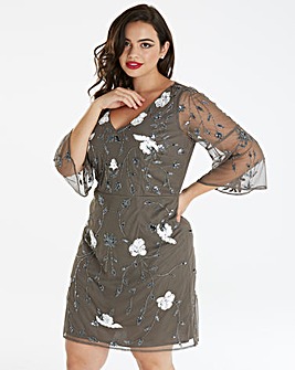 Maya Curve Floral Emellished Dress with Fluted Sleeves