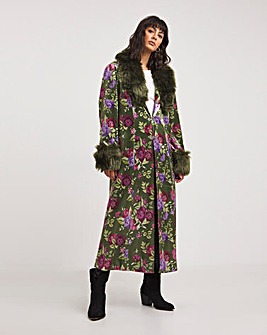 Joe Browns Boutique Green Floral Fur Trim Coat