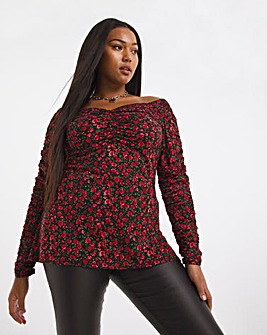 Supersoft Red Floral Long Sleeve Floral Sweetheart Neck Top