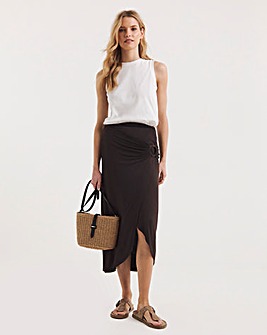 Chocolate Stretch Jersey Ring Detail Mock Wrap Skirt