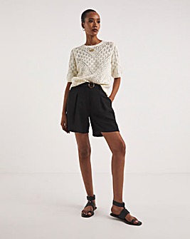 Black Textured Belted City Knee Length Shorts