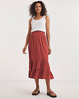 Cinnamon Crinkle Midi Skirt with Ladder Trim