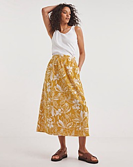 Yellow Print Linen Mix Midi Skirt