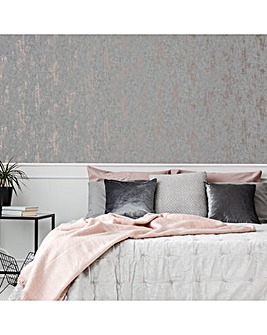 Sublime Distressed Textured Plain Grey/Rose Gold Wallpaper