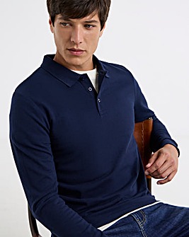 Pure Cotton Long Sleeve Pique Polo Long Length- Navy