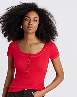 Red Scoop Neck Henley Tee