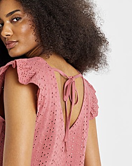 Pink V Neck Ruffle Sleeve Stretch Broderie Top