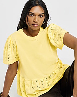 Lemon Yellow Crew Neck Peplum Stretch Broderie Top