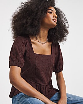 Chocolate Stretch Broderie Square Neck Peplum Top