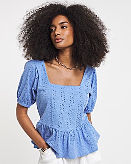 Blue Stretch Broderie Square Neck Peplum Top